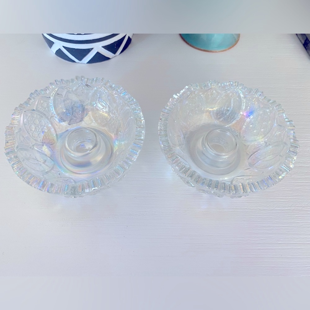RARE LE Smith Candle Holder McKee Vintage Irridecent Carnival Glass Glentec Set